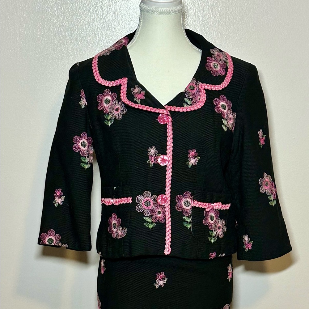 Cynthia Steffe Floral Embroidered Black and Pink Blazer Skirt Set